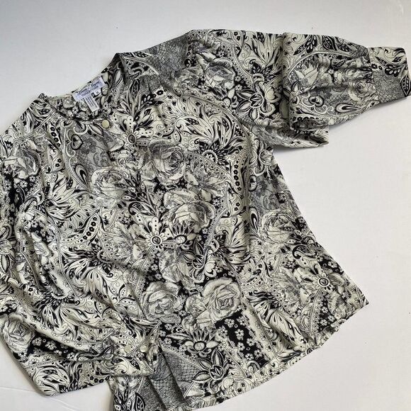 Vintage Tops - Vintage LAURA & JAYNE Button Up Blouse Secretary Paisley Black White Size 12
